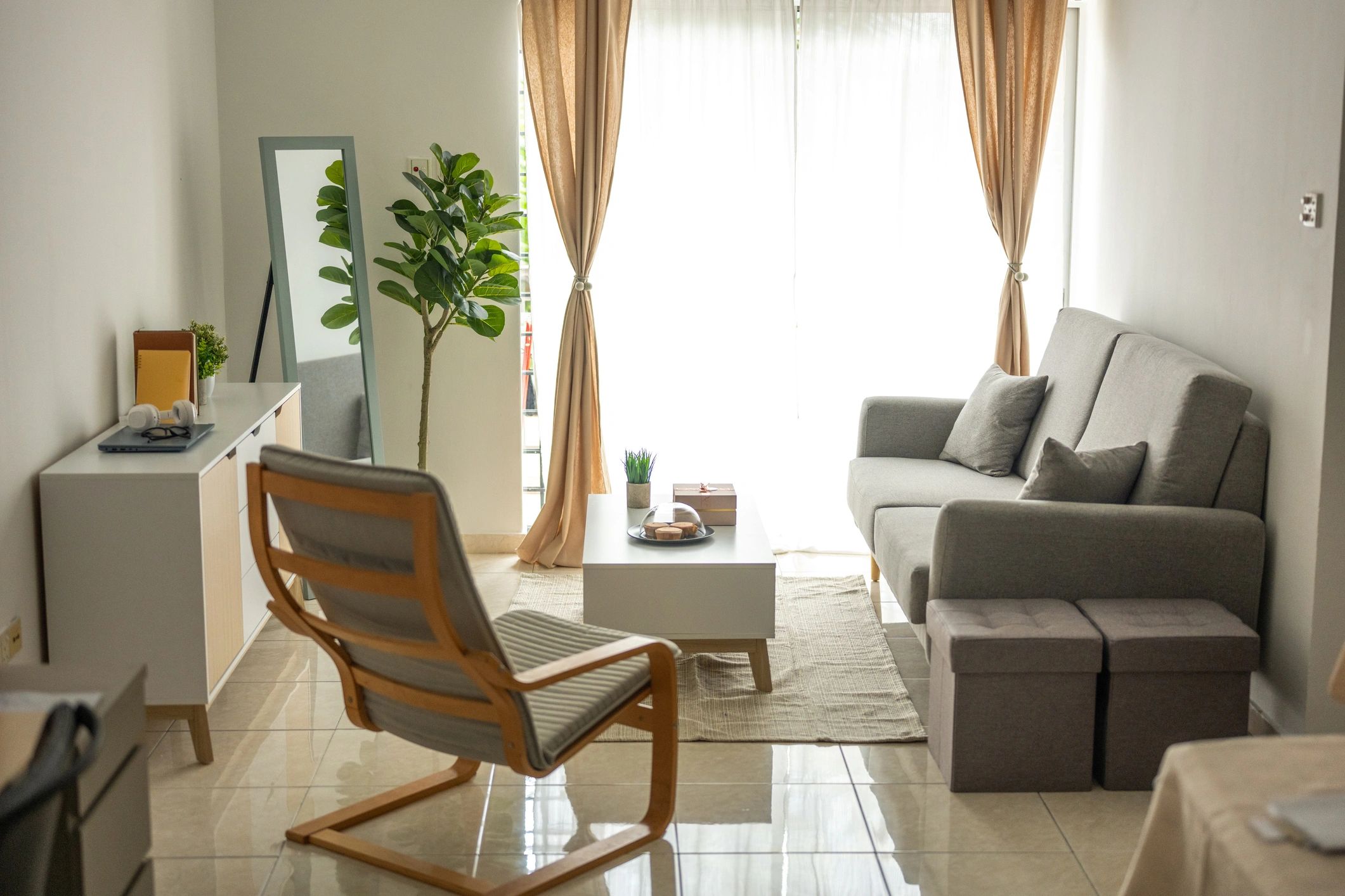 Modern apartment living room with sofa and coffee table